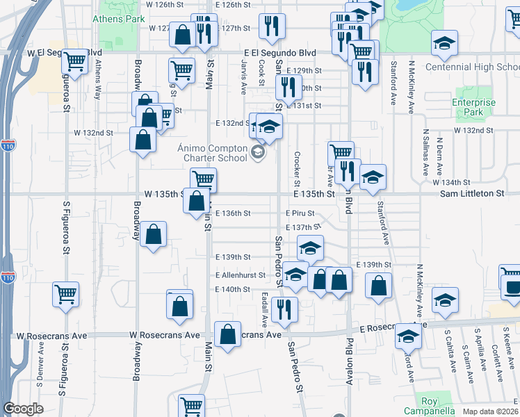 map of restaurants, bars, coffee shops, grocery stores, and more near 233 East 136th Street in Los Angeles
