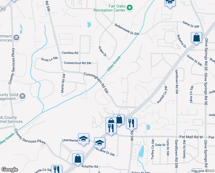 map of restaurants, bars, coffee shops, grocery stores, and more near 1855 Cunningham Road Southwest in Marietta