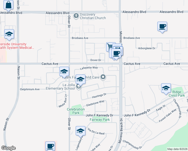 map of restaurants, bars, coffee shops, grocery stores, and more near 14614 Newburgh Road in Moreno Valley