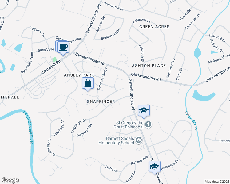 map of restaurants, bars, coffee shops, grocery stores, and more near 220 Greenwood Lane in Athens