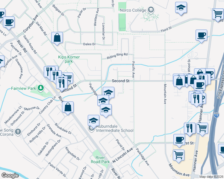 map of restaurants, bars, coffee shops, grocery stores, and more near 2878 2nd Street in Norco