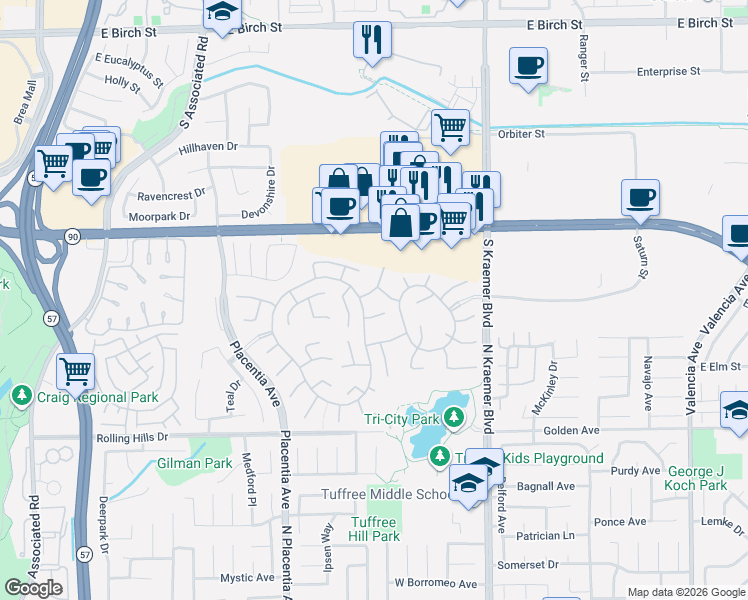 map of restaurants, bars, coffee shops, grocery stores, and more near 2961 Bluegrass Lane in Fullerton
