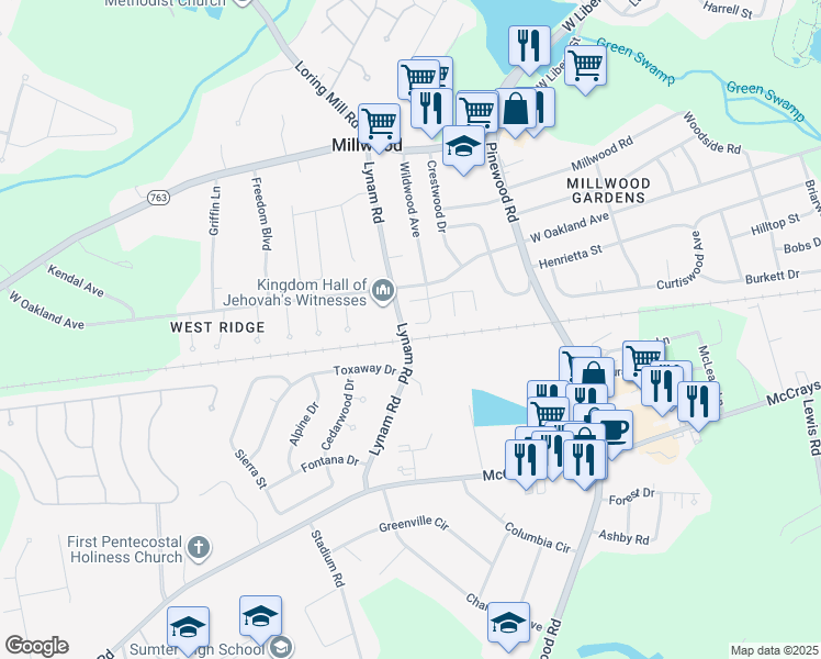 map of restaurants, bars, coffee shops, grocery stores, and more near 395 Wildwood Avenue in Sumter