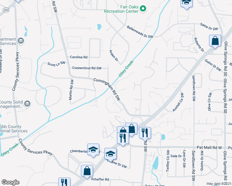 map of restaurants, bars, coffee shops, grocery stores, and more near 1855 Cunningham Road Southwest in Marietta