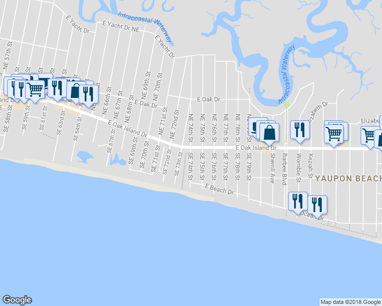 map of restaurants, bars, coffee shops, grocery stores, and more near 100 Southeast 74th Street in Oak Island