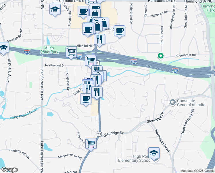 map of restaurants, bars, coffee shops, grocery stores, and more near 5555 Roswell Road Northeast in Atlanta