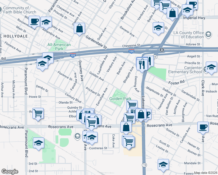 map of restaurants, bars, coffee shops, grocery stores, and more near 13253 Barlin Avenue in Downey