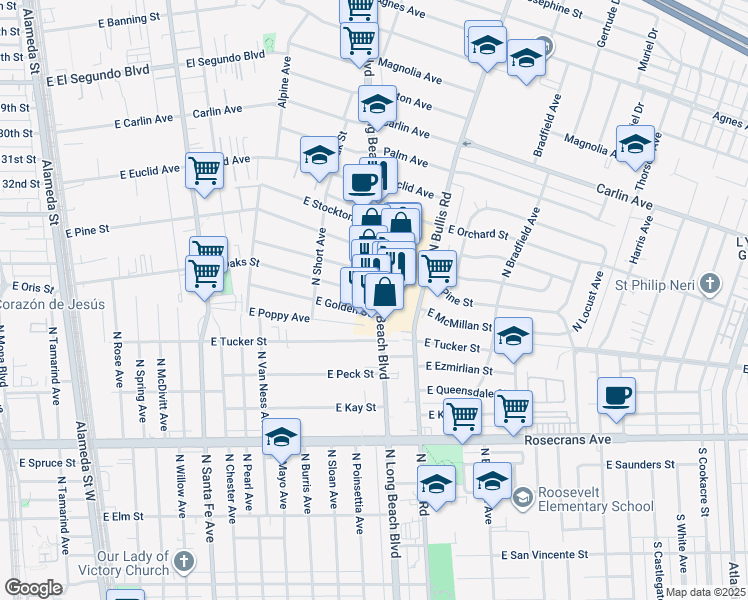 map of restaurants, bars, coffee shops, grocery stores, and more near 1909 North Long Beach Boulevard in Compton