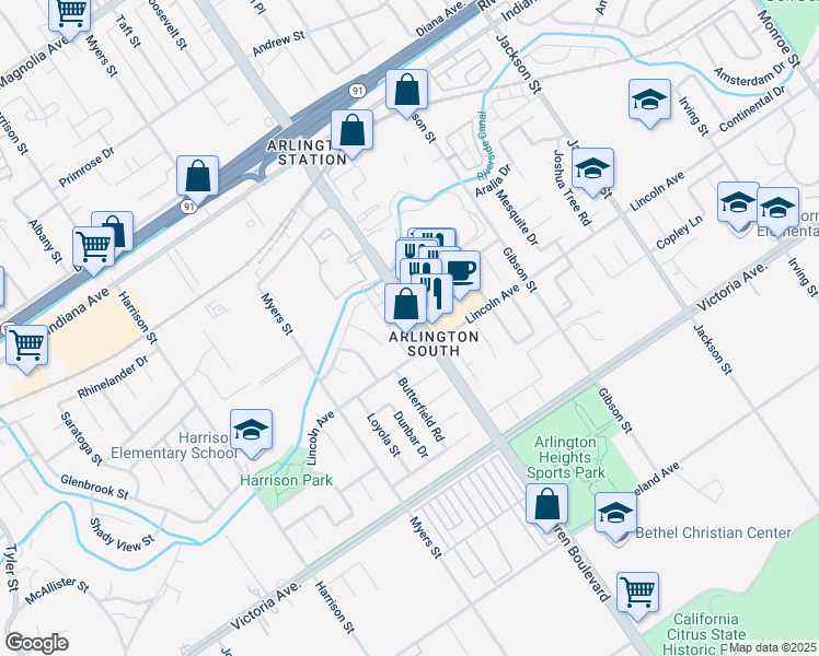 map of restaurants, bars, coffee shops, grocery stores, and more near 3000 Van Buren Boulevard in Riverside