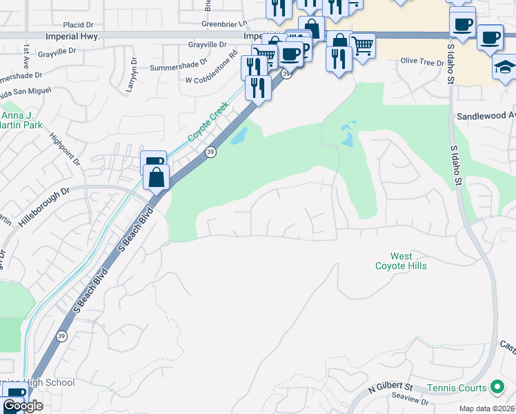 map of restaurants, bars, coffee shops, grocery stores, and more near 2160 West Snead Street in La Habra