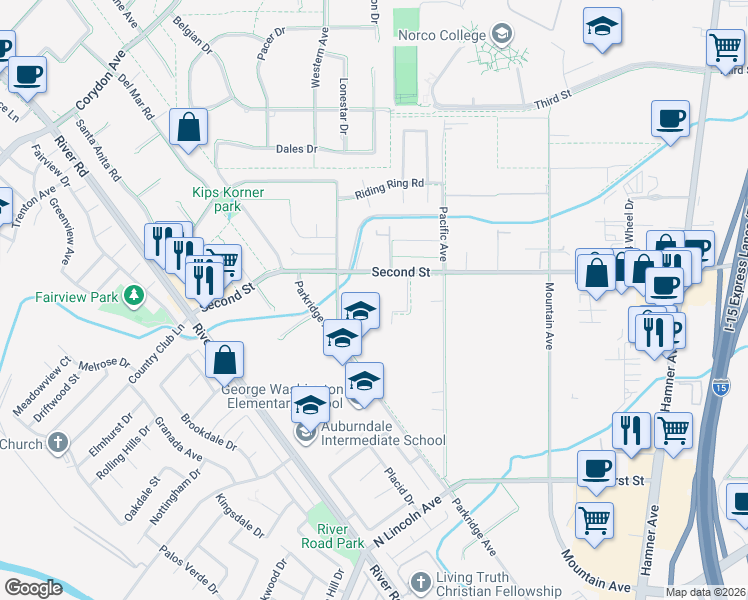 map of restaurants, bars, coffee shops, grocery stores, and more near 2878 2nd Street in Norco