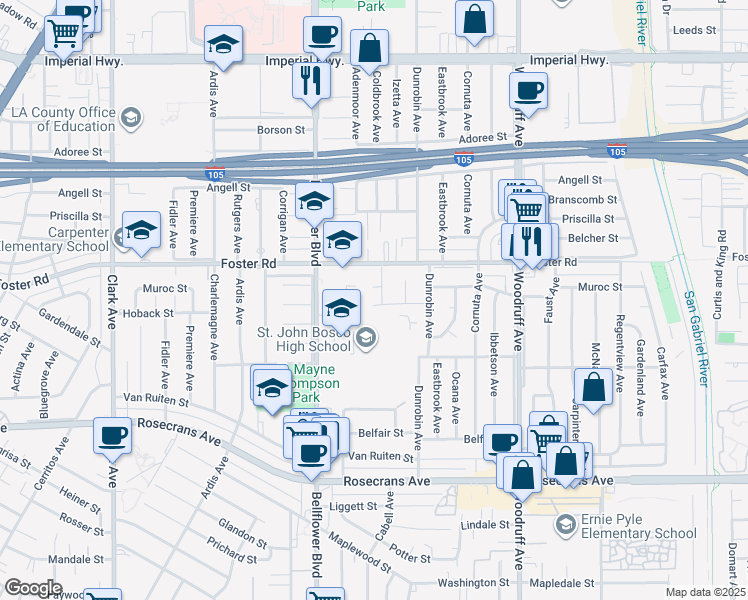 map of restaurants, bars, coffee shops, grocery stores, and more near 9803 Muroc Street in Bellflower