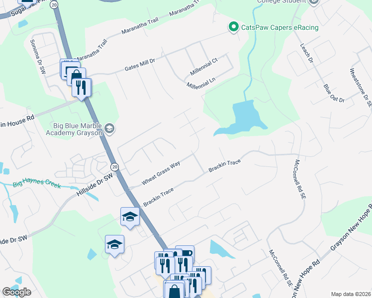 map of restaurants, bars, coffee shops, grocery stores, and more near 296 Wheat Grass Court in Grayson