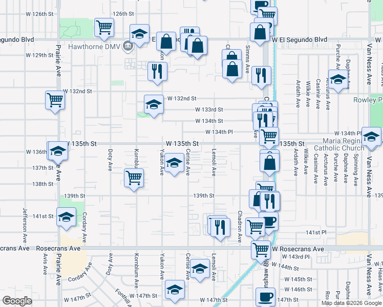 map of restaurants, bars, coffee shops, grocery stores, and more near 13520 Cerise Avenue in Hawthorne