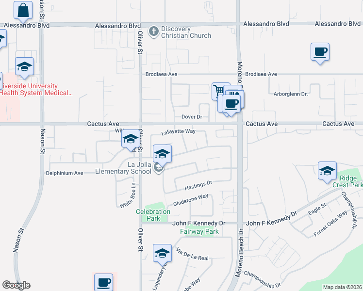 map of restaurants, bars, coffee shops, grocery stores, and more near 14603 Newburgh Road in Moreno Valley