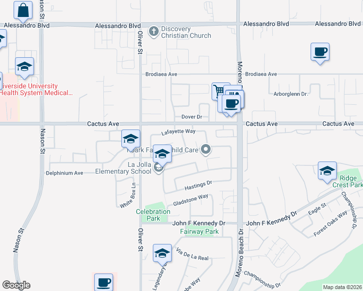 map of restaurants, bars, coffee shops, grocery stores, and more near 14578 Newburgh Road in Moreno Valley
