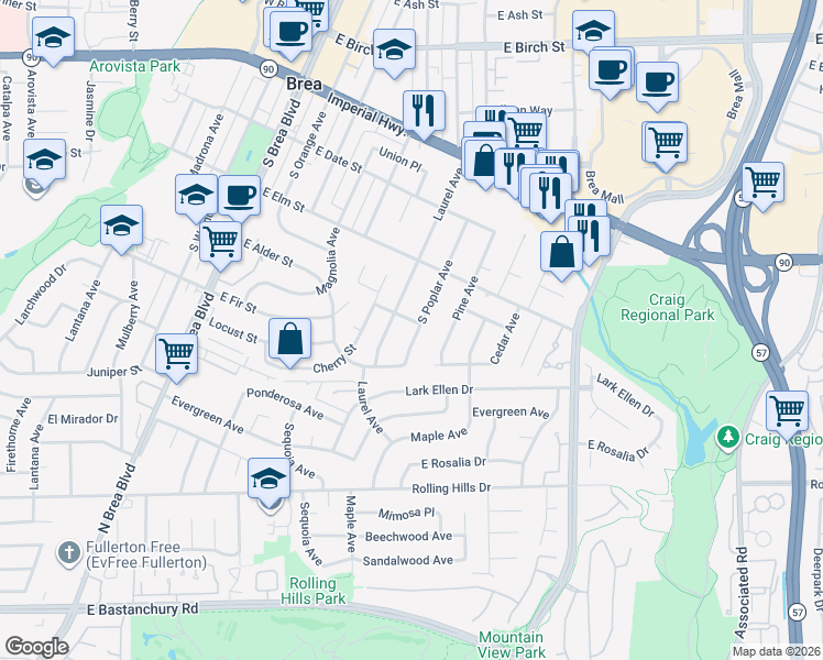 map of restaurants, bars, coffee shops, grocery stores, and more near 607 South Poplar Avenue in Brea