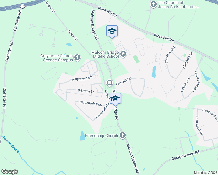 map of restaurants, bars, coffee shops, grocery stores, and more near 2430 Malcom Bridge Road in Bogart