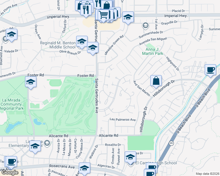 map of restaurants, bars, coffee shops, grocery stores, and more near 13526 La Jolla Circle in La Mirada