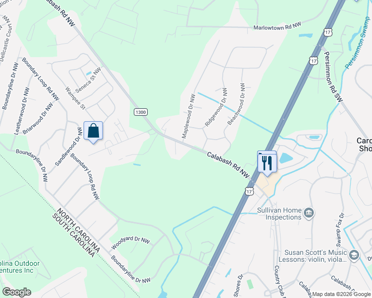 map of restaurants, bars, coffee shops, grocery stores, and more near 179 Calabash Road Northwest in Calabash