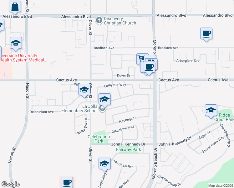 map of restaurants, bars, coffee shops, grocery stores, and more near 14578 Newburgh Road in Moreno Valley