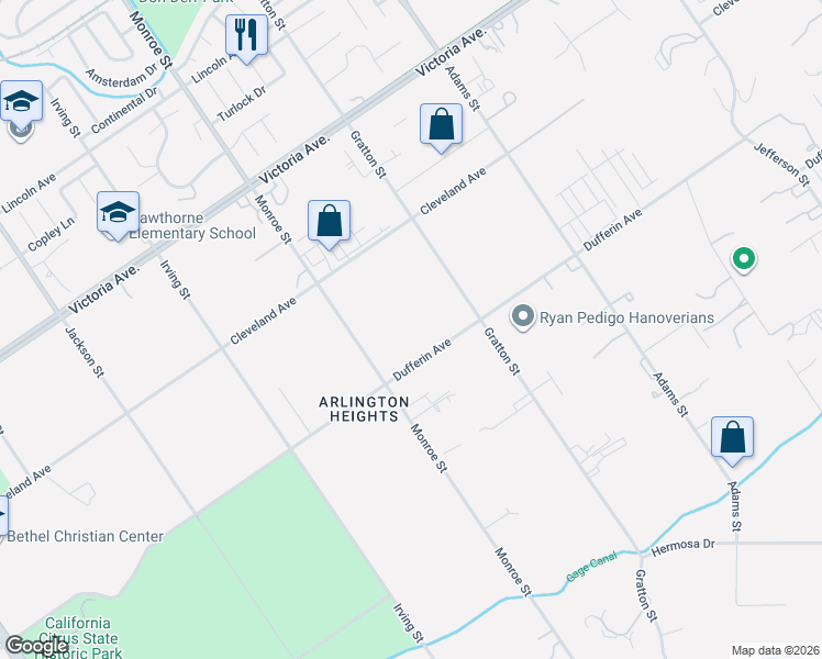 map of restaurants, bars, coffee shops, grocery stores, and more near 8595 Dufferin Avenue in Riverside