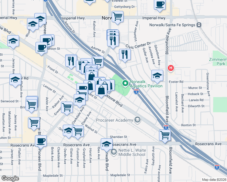 map of restaurants, bars, coffee shops, grocery stores, and more near 12187 Sproul Street in Norwalk