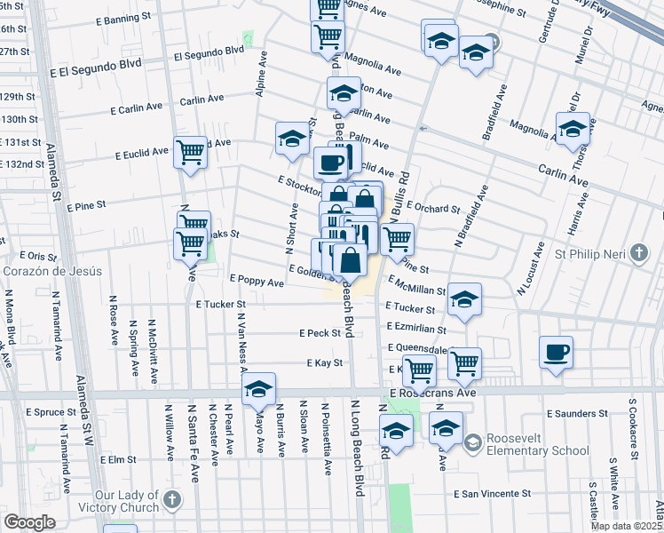 map of restaurants, bars, coffee shops, grocery stores, and more near 1909 North Long Beach Boulevard in Compton