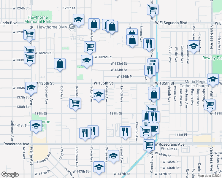 map of restaurants, bars, coffee shops, grocery stores, and more near 3332 West 135th Street in Hawthorne