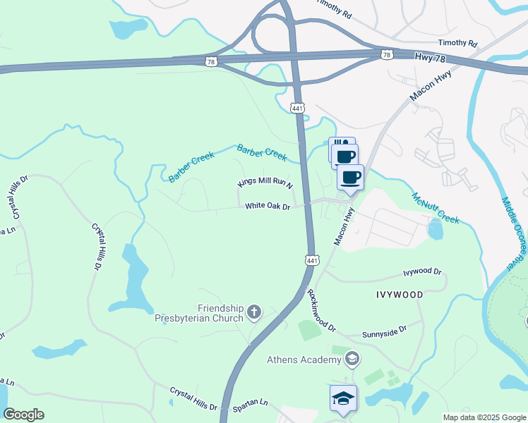 map of restaurants, bars, coffee shops, grocery stores, and more near 1190 White Oak Drive in Athens