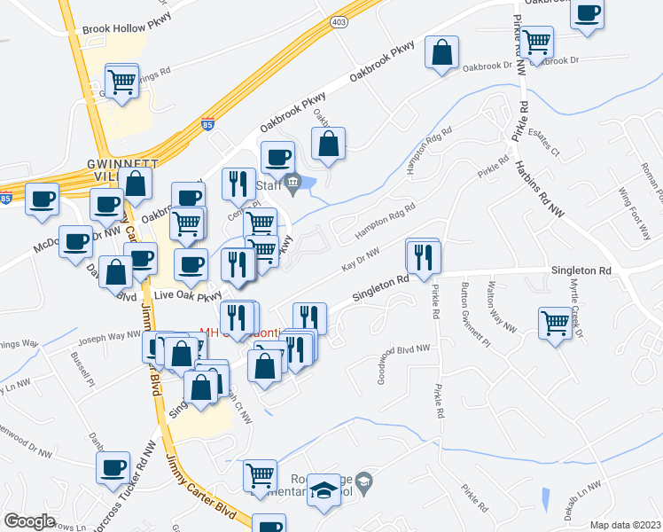 map of restaurants, bars, coffee shops, grocery stores, and more near 5901 Kay Drive Northwest in Norcross