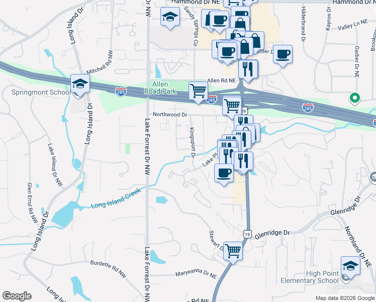 map of restaurants, bars, coffee shops, grocery stores, and more near 5560 Kingsport Drive in Atlanta