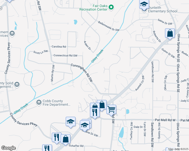 map of restaurants, bars, coffee shops, grocery stores, and more near 507 Melanie Lane Southwest in Marietta