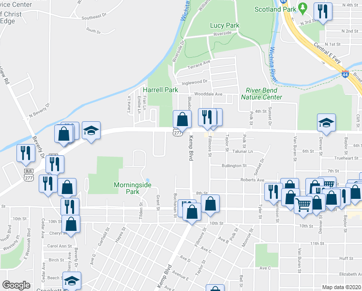 map of restaurants, bars, coffee shops, grocery stores, and more near 502 Kemp Boulevard in Wichita Falls