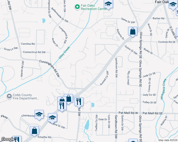 map of restaurants, bars, coffee shops, grocery stores, and more near 1788 Austell Road Southwest in Marietta