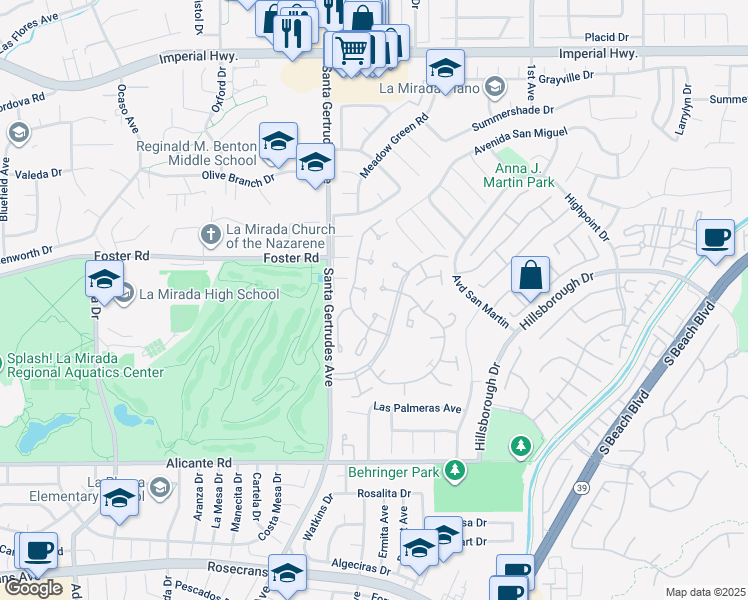 map of restaurants, bars, coffee shops, grocery stores, and more near 13410 La Jolla Circle in La Mirada
