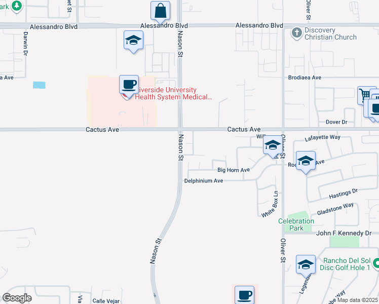 map of restaurants, bars, coffee shops, grocery stores, and more near 14593 Lynn Lee Lane in Moreno Valley