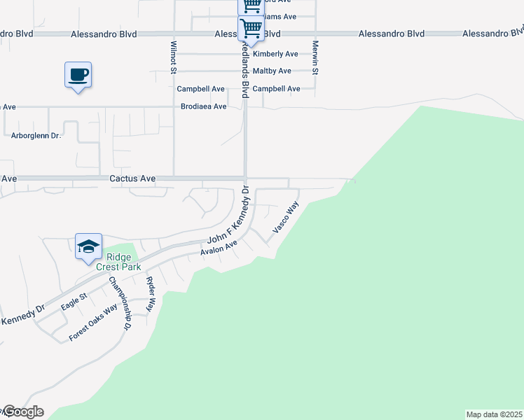 map of restaurants, bars, coffee shops, grocery stores, and more near 29021 Barcelona Court in Moreno Valley
