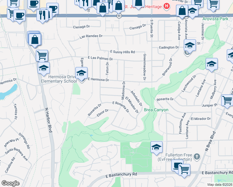 map of restaurants, bars, coffee shops, grocery stores, and more near 623 El Mirador Drive in Fullerton