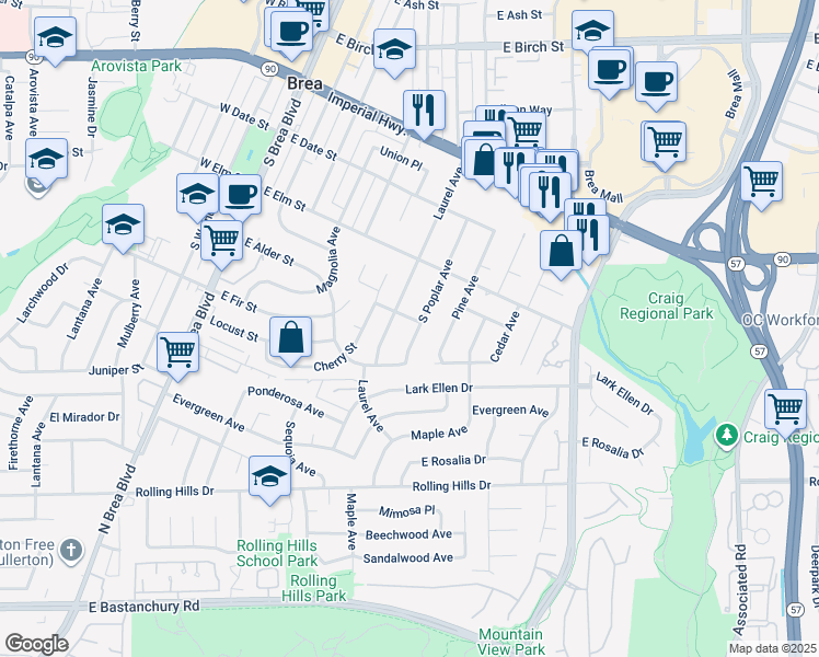 map of restaurants, bars, coffee shops, grocery stores, and more near 607 South Poplar Avenue in Brea