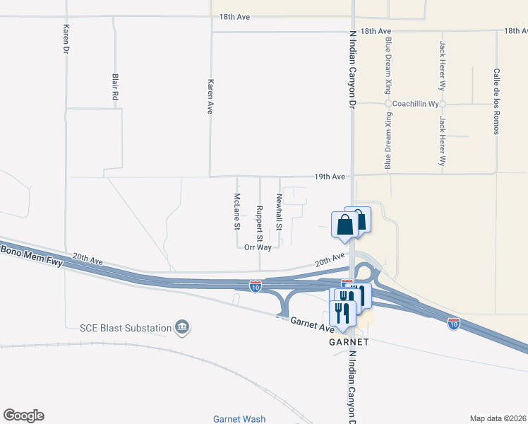 map of restaurants, bars, coffee shops, grocery stores, and more near 19161 Newhall Street in Desert Hot Springs