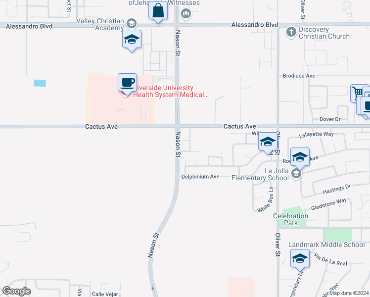 map of restaurants, bars, coffee shops, grocery stores, and more near 14593 Lynn Lee Lane in Moreno Valley