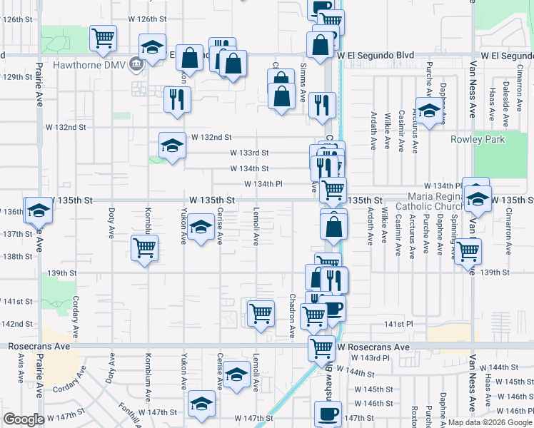 map of restaurants, bars, coffee shops, grocery stores, and more near 3252 West 135th Street in Hawthorne