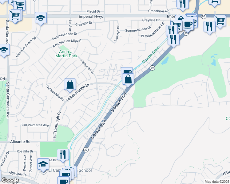 map of restaurants, bars, coffee shops, grocery stores, and more near 13380 Hillsborough Drive in La Mirada