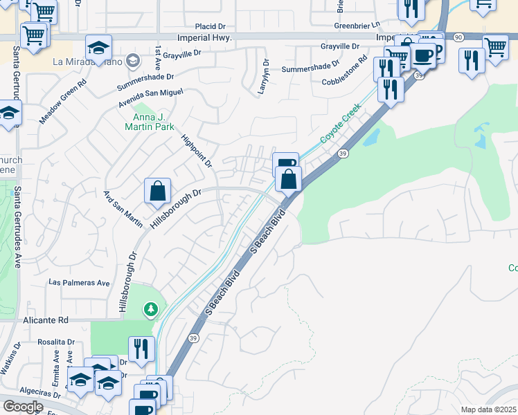 map of restaurants, bars, coffee shops, grocery stores, and more near 13380 Hillsborough Drive in La Mirada