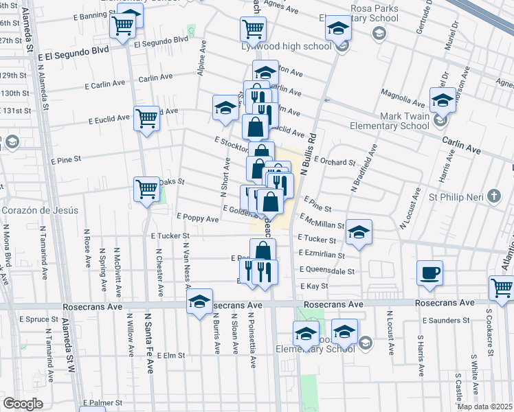 map of restaurants, bars, coffee shops, grocery stores, and more near 1308 East Oaks Street in Compton