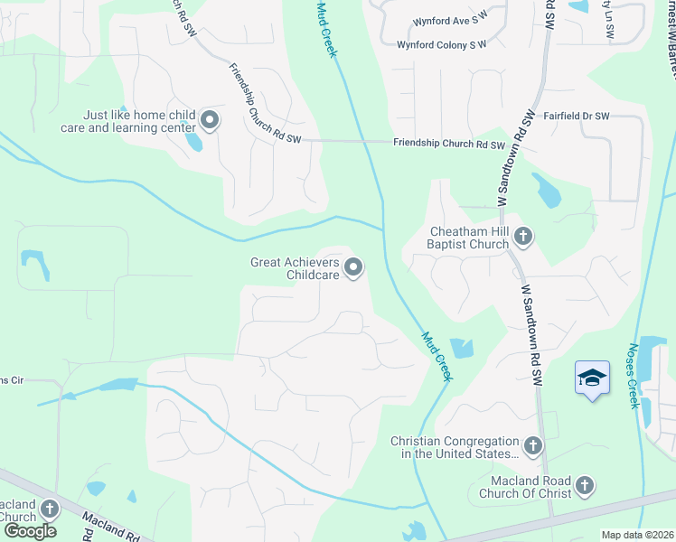 map of restaurants, bars, coffee shops, grocery stores, and more near 3360 Hannah Court in Powder Springs