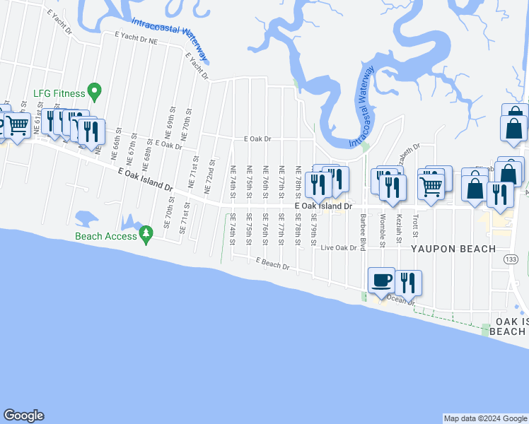 map of restaurants, bars, coffee shops, grocery stores, and more near 119 Southeast 76th Street in Oak Island