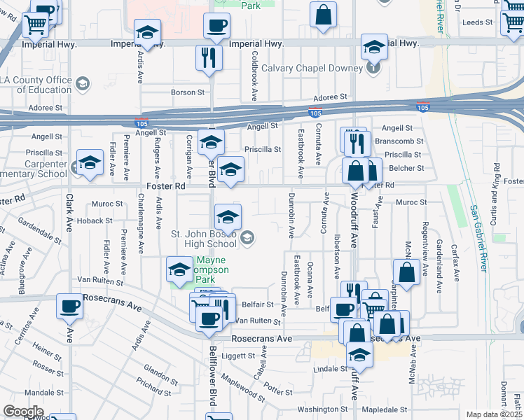 map of restaurants, bars, coffee shops, grocery stores, and more near 9825 Hoback Street in Bellflower