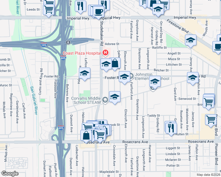map of restaurants, bars, coffee shops, grocery stores, and more near 13508 Benfield Avenue in Norwalk